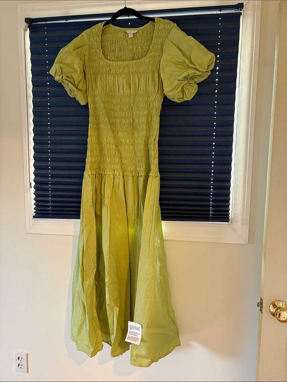 Topshop puff sleeve square neck shirred maxi dress in chartreuse